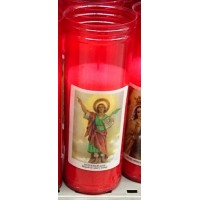 Canaryceras - Velon el Faro Forro Kerze im rot-transparenten Glas Trauerkerze groß mit christlichem Motiv produziert auf Teneriffa