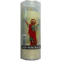 Mosa - Kerze weiß im Glas mit christlichem Motiv San Pancracio von Gran Canaria